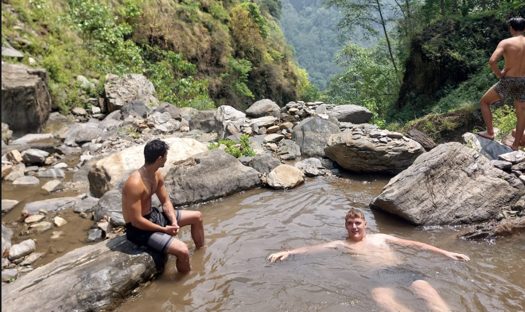Clear mountain stream with green vegetation